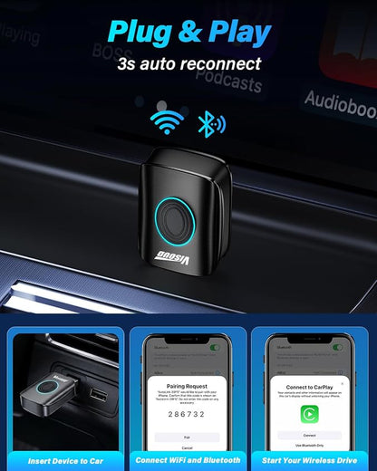 2026 One-Click Disconnect Bluetooth Carplay Adapter, A9 Chip, 3s Auto Connect, WiFi5.8 BT5.8, Wired to Wireless, Dual Phone Switching, iOS10+/Android 10+, Fits OEM Wired CarPlay Cars