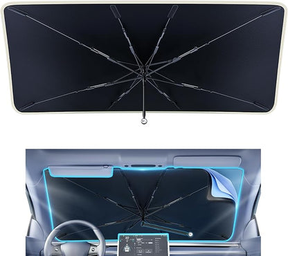 helloleiboo [2025 Upgraded] Car Windshield Sun Shade Umbrella 61"x 34" Windshield Sun Shade Foldable 5-Layer Thickened Vinyl Coating Reflective Polyester Blocks Heat & UV Rays for Large Car Truck SUV