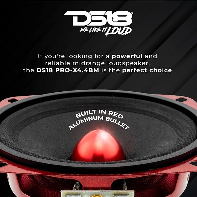 DS18 PRO-X4.4BM Loudspeaker - 4", Midrange, Red Aluminum Bullet, 200W Max, 100W RMS, 4 Ohms - Premium Quality Audio Door Speakers for Car or Truck Stereo Sound System (1 Speaker)