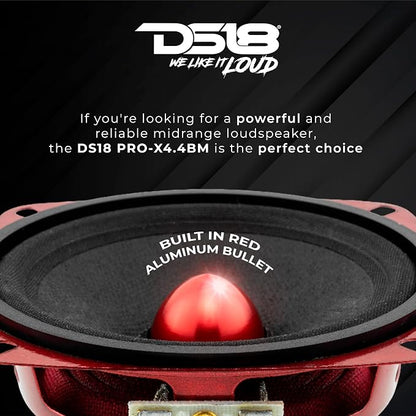DS18 PRO-X4.4BM Loudspeaker - 4", Midrange, Red Aluminum Bullet, 200W Max, 100W RMS, 4 Ohms - Premium Quality Audio Door Speakers for Car or Truck Stereo Sound System (1 Speaker)