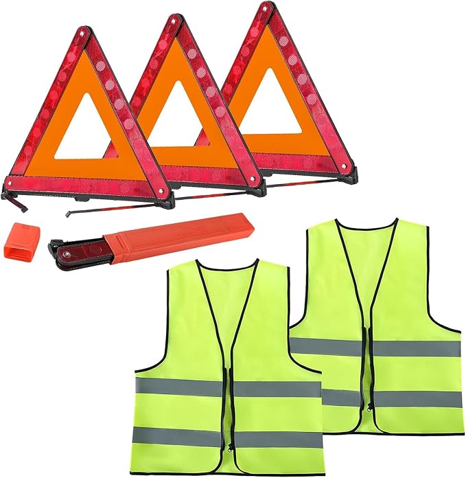 DASBET 3 Pack Emergency Warning Triangles with 2 Pack Reflective Vest Kit | Roadside Safety Triangle, Foldable Warning Reflective Triangle with Case for Vehicles Breakdown & Emergencies