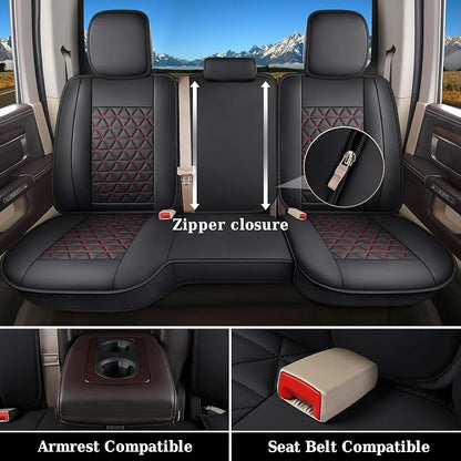 Coverado Dodge Ram Seat Covers Full Set, Waterproof Truck Car Seat Cover Protectors Custom Fit for 2002-2026 Dodge RAM 1500 2500 3500 with Curved Bench(Black&Red line)