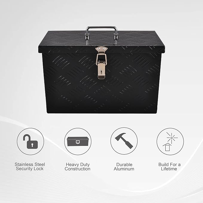 16 Inch Aluminum Truck Bed Tool Box Truck Car Outdoor Trailer Pickup Underbody Toolbox,RV Storage OrganizerTrailer Storage W/Side Handle&Lock,5 Bar Tread,Black(16"X7.5"X10")