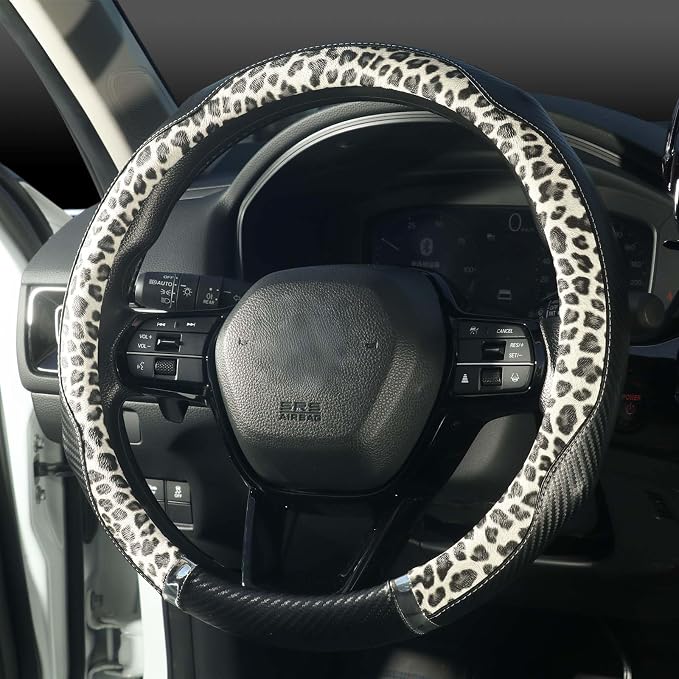 KAFEEK Leopard Print Steering Wheel Cover for Women, Classy Carbon Fiber and Soft Microfiber Leather, 15 Inch Universal Car Wheel Protector, Aesthetic Off-White Cheetah Print, Anti-Slip & Breathable