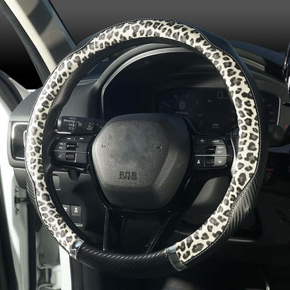 KAFEEK Leopard Print Steering Wheel Cover for Women, Classy Carbon Fiber and Soft Microfiber Leather, 15 Inch Universal Car Wheel Protector, Aesthetic Off-White Cheetah Print, Anti-Slip & Breathable