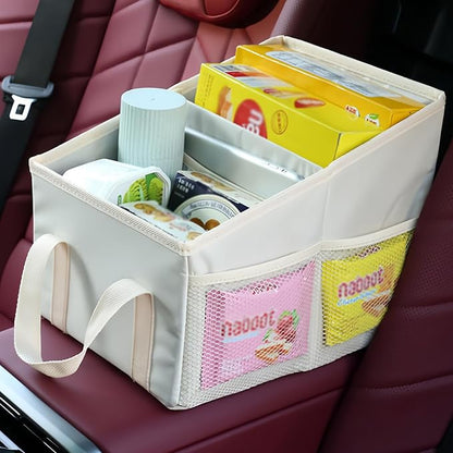 Advanced car seat storage bag is suitable for children and adults. The front and rear seat storage bags are foldable and adjustable. (beige)