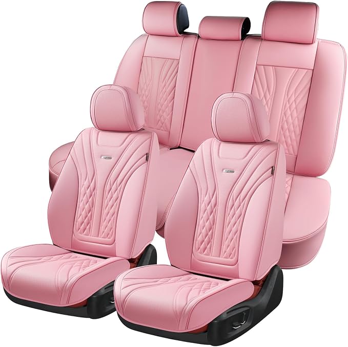Coverado Car Seat Covers Full Set, 5 Seats Front Seat Cover and Back Seat Covers for Cars, Automotive Seat Covers Nappa Leather Waterproof Seat Covers, Car Seat Protectors Universal for Cars Pink
