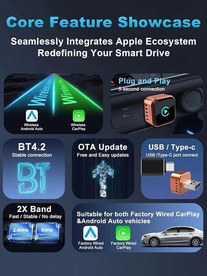 Wireless CarPlay Adapter 2026 Upgraded for iOS & Android Auto，Mini Size Wired to Wireless CarPlay, Plug & Play, Car Play Adapter Compact with USB/Type-C