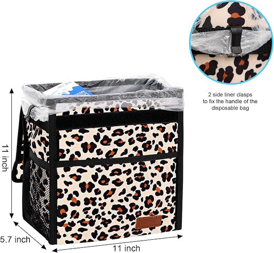 Femuar Leak Proof Car Trash Bag Large Capacity Waterproof Garbage Can with Lid for SUV Leopard Print
