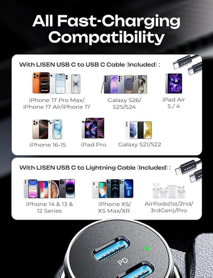 LISEN 90W Car Charger USB C Fast Charge, USB C Car Charger Fast Charge, Type C Car Charger for iPhone 17 Pro Max 16 15 14 13 12 11, for Samsung S26 S25 S24 [with Lighning & USB-C Cable]