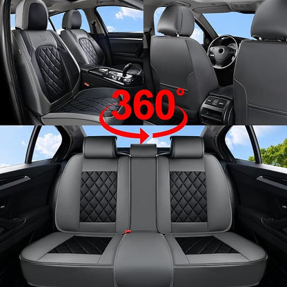 Coverado Seat Covers Full Set, Faux Leather Seat Covers for Car, Waterproof Car Seat Protectors 5 Seats, Automotive Seat Covers Universal Fit for Most Cars SUV Trucks- Gray&Black