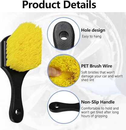 Hovom Car Wash Brush for Tire & Wheel Rim, Soft Bristle Wheel Cleaning Brushes, Short Handle Tire Cleaner Brush Releases Dirt and Road Grime, Universal Car Cleaning Supplies (Yellow)