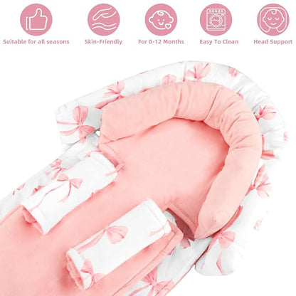 Infant Car Seat Insert with 2 Strap Pads, Carseat Cushion Baby Boy & Girl, Soft and Comfortable Carseat Head Support for Newborn, Pink Bow