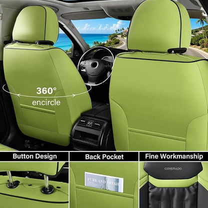 Coverado Full Set Car Seat Covers, Nappa Leather Seat Covers for Cars 5 Seats, Waterproof Car Seat Protector, Universal Fit for Most Sedans SUV Pick-ups Trucks, Green&Black