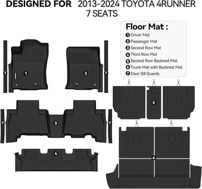 Floor Mats for Toyota 4Runner 7 Seats 2013-2024, Trunk Mat and Backrest Mat & Door Sill Guard All Weather TPE Protector for Toyota 4Runner Accessories