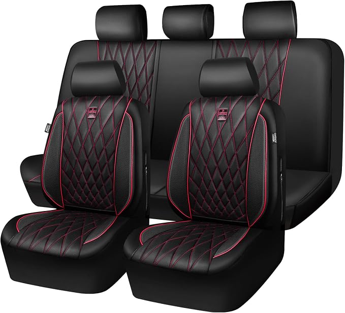 CAR PASS Piping Luxury Leather Seat Covers Full Set,5 Seats Anti-Slip Waterproof Seat Covers Compatible with Front Armrests,Universal Fit for Sendan SUV Van Truck,Airbag Compatible,Black and Red