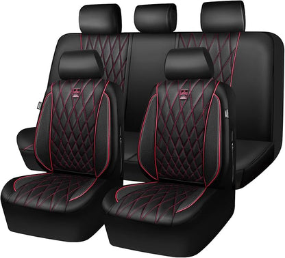 CAR PASS Piping Luxury Leather Seat Covers Full Set,5 Seats Anti-Slip Waterproof Seat Covers Compatible with Front Armrests,Universal Fit for Sendan SUV Van Truck,Airbag Compatible,Black and Red