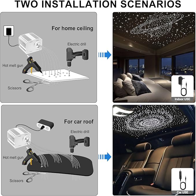 Fiber Optic Car Starlight Headliner Kit, Twinkle & Sound Activated RGBW 16W 200pcs*0.03in*6.5ft Fiber Strands Car Star Roof Lights with APP& Remote Controlled, Ceiling Star Lights for Home/Car Decor