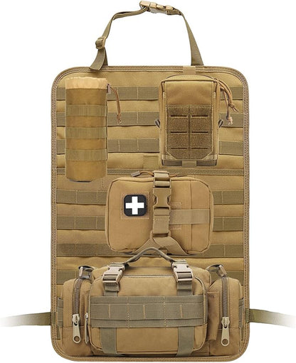 Molle Tactical Seat Back Organizer Panel with Pouches, Universal Fit For Vehicle Car, Khaki