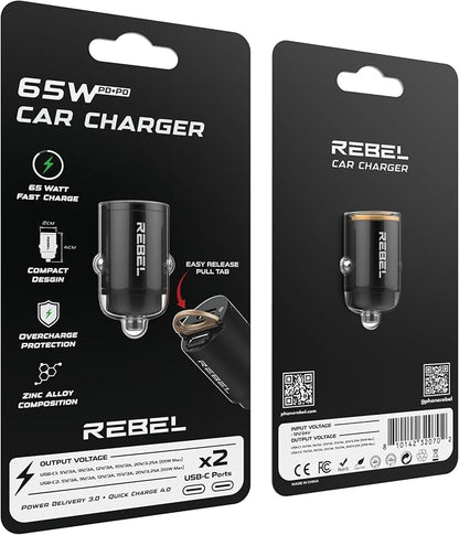 REBEL Dual 65W USB C Fast Car Charger 12V/24V [Smallest Metal Frame] PD65W, QC60W 4.0/3.0, Flush Fit, Cigarette Lighter Adapter for iPhone 17 Pro Max Air 16 Plus 15 14 13 12 iPad, MacBook, S25. S24