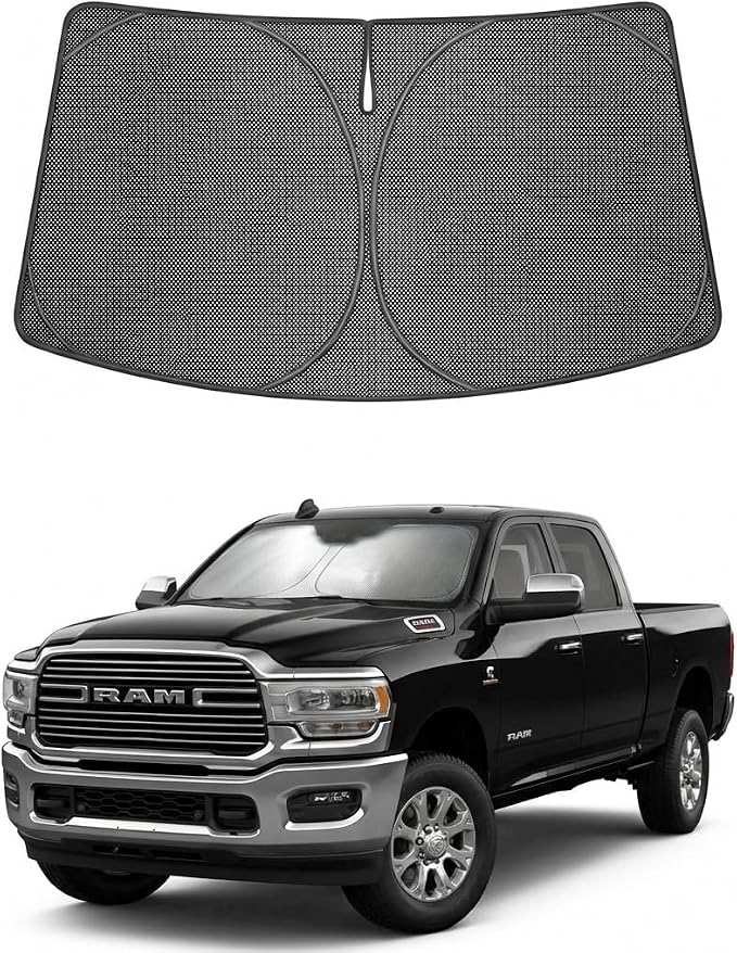 Proadsy Windshield Sun Shade Custom Fit Dodge RAM 2500 3500 2010-2026 Ice Crystal Black Front Window Sunshade UV and Heat Blocker Foldable Visor Keeps Car Cooler for Summer Parking and Daily Use