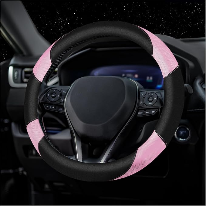 Soft Leather Steering Wheel Cover with Breathable Design and Anti-Slip Grip, Fully Compatible with Tesla, Toyota, Honda, Nissan 14.5-15.2 inch Round Steering Wheel（Sedans and SUVs）