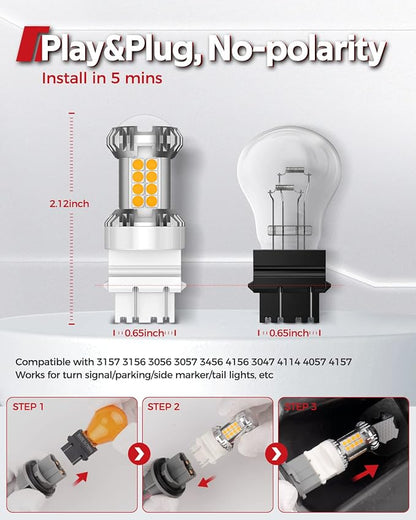 Torchbeam LED Turn Signal Bulbs, Upgraded 3157 LED Bulb Amber Yellow with External Resistor, 600% Brighter 3156 3056 3057 4157 3457 4157 with HD Projector for Blinker Side Marker Parking Lights,2PCs