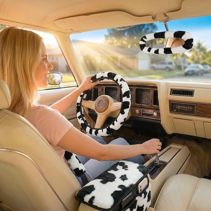 5 Pcs Fuzzy Animal Print Car Accessories Set, Soft Fluffy Plush Steering Wheel Cover, Center Console Armrest Pad & Rearview Mirror Cover - Interior Decorations for Women,Universal Fit (Cow Print)