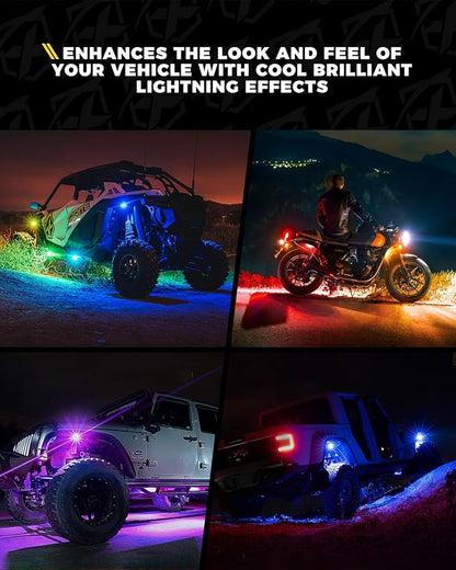 Xprite 8 Pods RGB LED Rock Lights, Aluminum 220° Wide Angle with APP/RF Remote Control Chasing Effect, Music Sync & Turn Brake Signals Compatible with Trucks, Jeeps, UTV, ATV