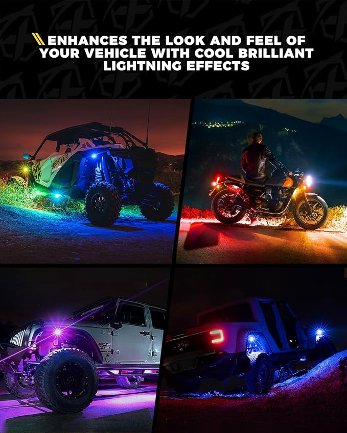 Xprite 4 Pods RGB LED Rock Lights, Aluminum 220° Wide Angle with APP/RF Remote Control Chasing Effect, Music Sync and Turn Brake Signals Compatible with Truck, Jeep, UTV, ATV