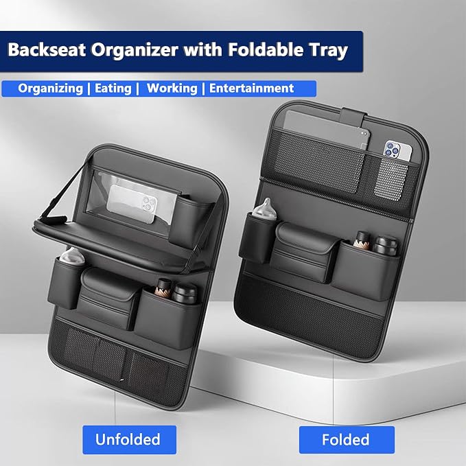 Car Backseat Organizer with Tray – Back of Car Seat Organizer & Storage Caddy, Sturdy Back Seat Organizer with Touch Screen for Tablet, Snacks, Drinks, Tissues... | Waterproof, Universal Fit | 1 Pack