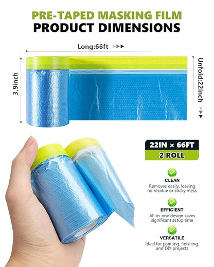 Pre-Taped Masking Film for Painting(2 Rolls) - 22" x 66'Painters Plastic Sheeting with Tape and Drape, Painters Drop Cloth for Automotive & Home, Cover for Walls/Floors/Windows/Cars Protection