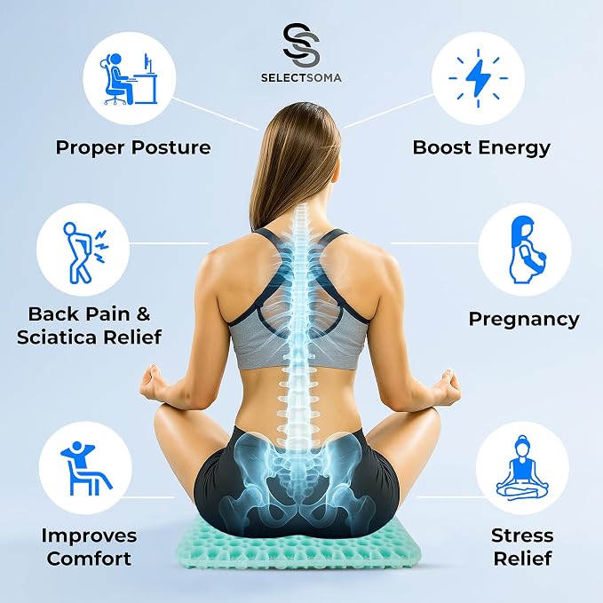 SelectSoma Mint Green Gel Seat Cushion for Long Sitting, Patent-Pending Mold Design, Double-Thick Pressure Relief for Tailbone, Sciatica, Coccyx & Back Pain - Office Chair, Car, Wheelchair, Truck