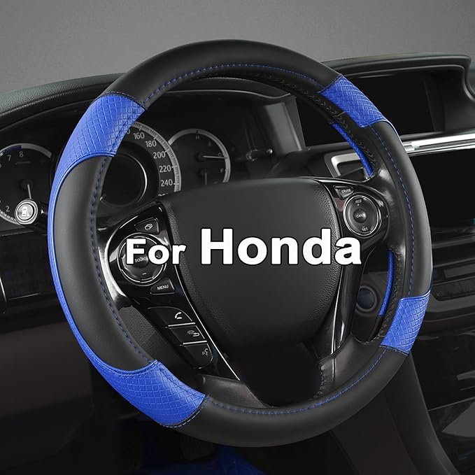 GIANT PANDA Microfiber Leather Steering Wheel Cover for Honda Accord,Civic,CR-V,HR-V,Pilot(Diamond-Pattern-Black+Blue-Standard Size)