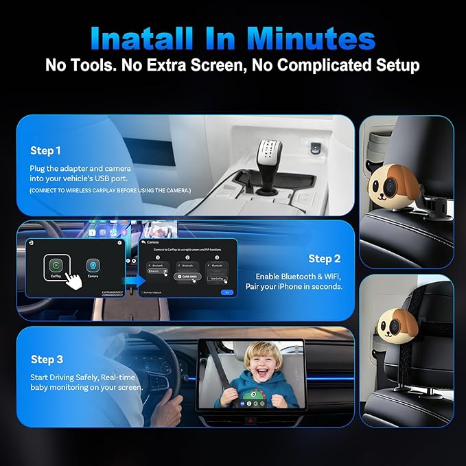 Cabin Care Baby Car Camera with Wireless CarPlay Adapter for iPhone Only, 1080P HD, IR Night Vision, 150° Wide-Angle, Real-Time Rear Seat Monitor, Works with Factory Wired CarPlay (Dog)