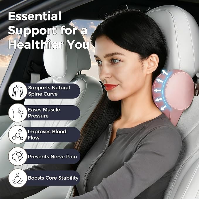 Coverado Car Headrest Pillow, Ergonomic Memory Foam Car Neck Pillow for Driving Seat with Adjustable Strap, Soft PU Leather Breathable Removable Cover Neck Support for Neck Pain Relief, Pink