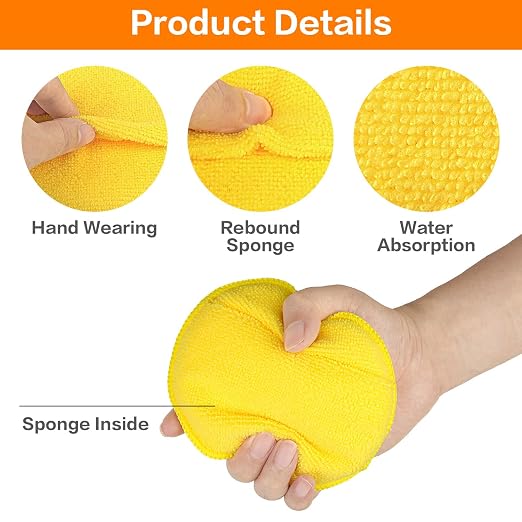 FONAROLL Microfiber Wax Applicator Pads, Car Wax Applicator with Finger Pocket, Buffing & Detail Polishing Foam Pads for Car Cleaning and Fine Polishing (5 inch, 6 Pack) (Yellow)