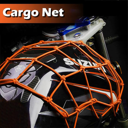 Small Cargo Net 15"x15" Stretches to 30"x30" with Thicken Hooks | Natural Latex Core, Tight 2”x2” Mesh Heavy Duty Bungee Net for Motorcycle Helmet, Bike, ATV, UTV, Luggage (Orange, 1 Pack)