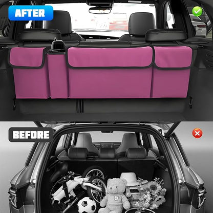 Car Trunk Organizer with Lid, Large Waterproof Vehicle Backseat Hanging Storage Bag with 4 Pockets & Adjustable Straps, Collapsible Automotive Interior Cargo Bag, Universal Fit (Purple)