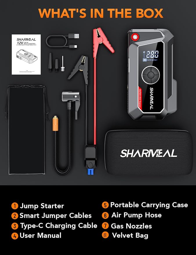 Sharmeal Jump Starter with Air Compressor, 7000A Car Battery Jump Starter (All Gas /12.0L Diesel), 200PSI Jump Starter Power Pack Portable 12V Jump Box with Jumper Cables, LED Light