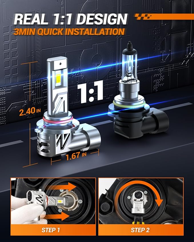 SEALIGHT 9006/HB4 LED Bulb, 9X Super Bright Bulbs, 6500K White Light, Real 1:1 Original Size, 3MINs Plug and Play, 2 Pack