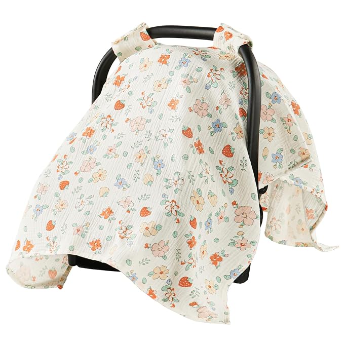 100% Muslin Cotton Car Seat Cover for Baby, Soft Breathable Car Seat Canopy, Universal Infant Carseat Cover Sun Protector, Lightweight Summer Stroller Cover for Boys Girls - Strawberry