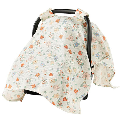 100% Muslin Cotton Car Seat Cover for Baby, Soft Breathable Car Seat Canopy, Universal Infant Carseat Cover Sun Protector, Lightweight Summer Stroller Cover for Boys Girls - Strawberry