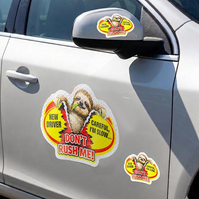 3 Pcs Reflective Student Driver Magnet and Stickers Set - Funny Animal New Driver Safety Signs for Car, Waterproof & Weatherproof High Visibility Vehicle Bumper Decals, Magnet + Stickers (Sloth)