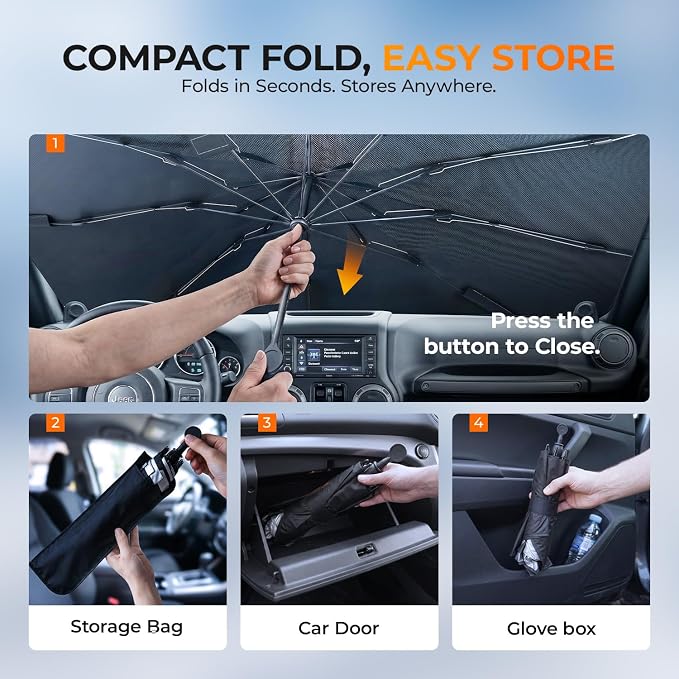 [2026 Upgraded] DooGooCoo Windshield Sun Shade Umbrella for Jeep Wrangler & Gladiator 2011-2026 [100% Sunlight Blocked, Cooling Ice Crystal] Sunshade for Car Windshield for Wrangler Sunshade.