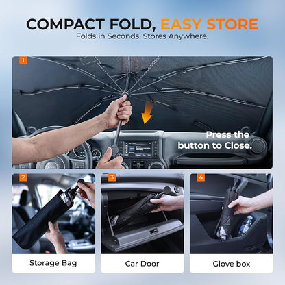 [2026 Upgraded] DooGooCoo Windshield Sun Shade Umbrella for Jeep Wrangler & Gladiator 2011-2026 [100% Sunlight Blocked, Cooling Ice Crystal] Sunshade for Car Windshield for Wrangler Sunshade.