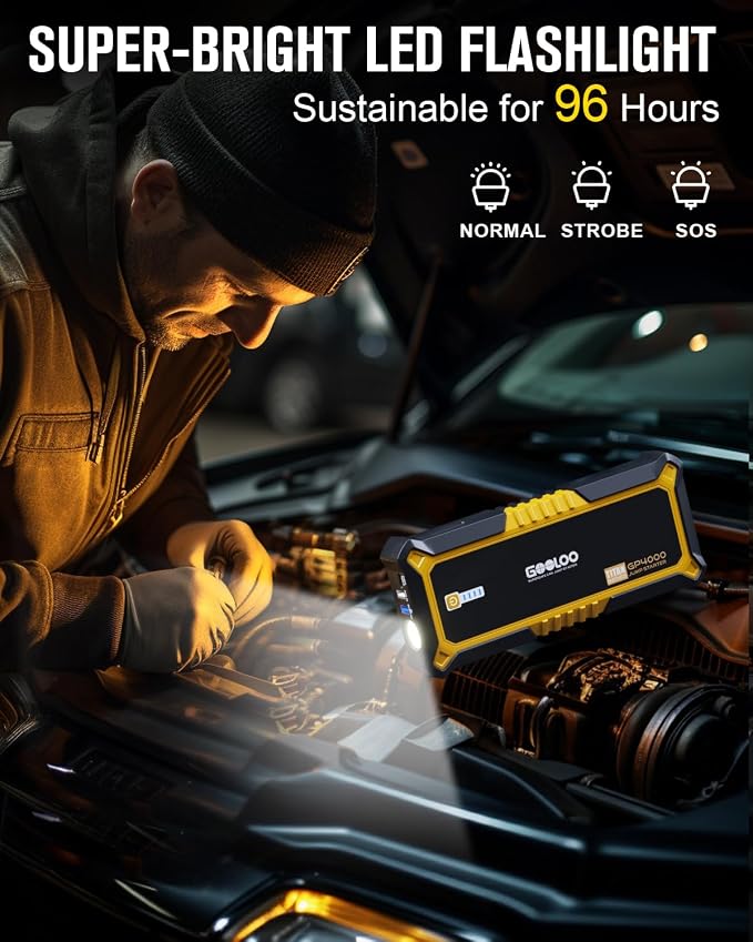 GOOLOO GP4000 Jump Starter 4000A Peak Car Starter (All Gas,up to 10.0L Diesel Engine) SuperSafe 12V Lithium Jump Box,Auto Battery Booster Pack,Portable Power Pack with USB Quick Charge and Type C Port