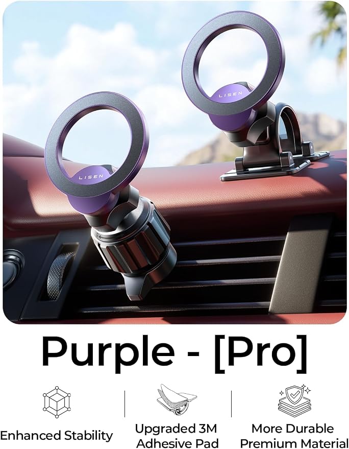 LISEN for MagSafe Car Mount,Car Accessories for Women Men [2025 Ultra] Magnetic Phone Holder for Car 360 Dashboard Vent Phone Mount for Car Organization iPhone 16 15 14 13 12 Pro Plus Mini,Purple