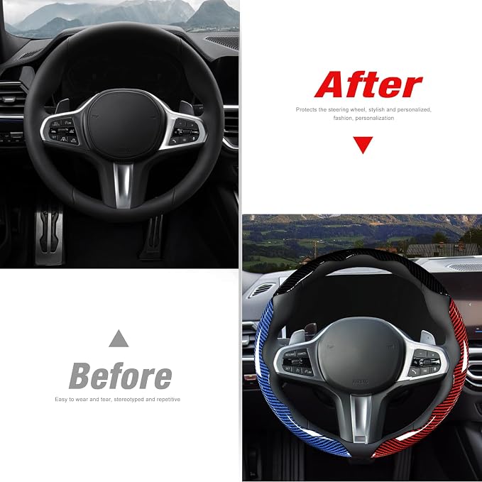 Carbon Fiber Steering Wheel Cover 3pcs Set Car Steering Wheel Accessories 14.5-15 inch Universal (Black Red Blue)