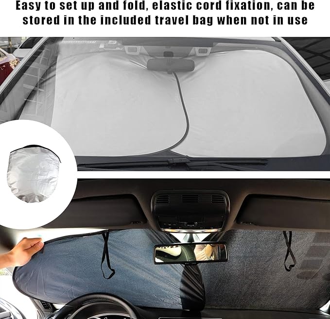 Kewucn 2 PCS Windshield Sun Shade Reflective Fabric, Foldable Auto Front Window Sunshade Protection, 99% UV Rays and Sun Heat Blocker and Keeps Vehicle Cool, Car Accessories (33"×36", Silver)